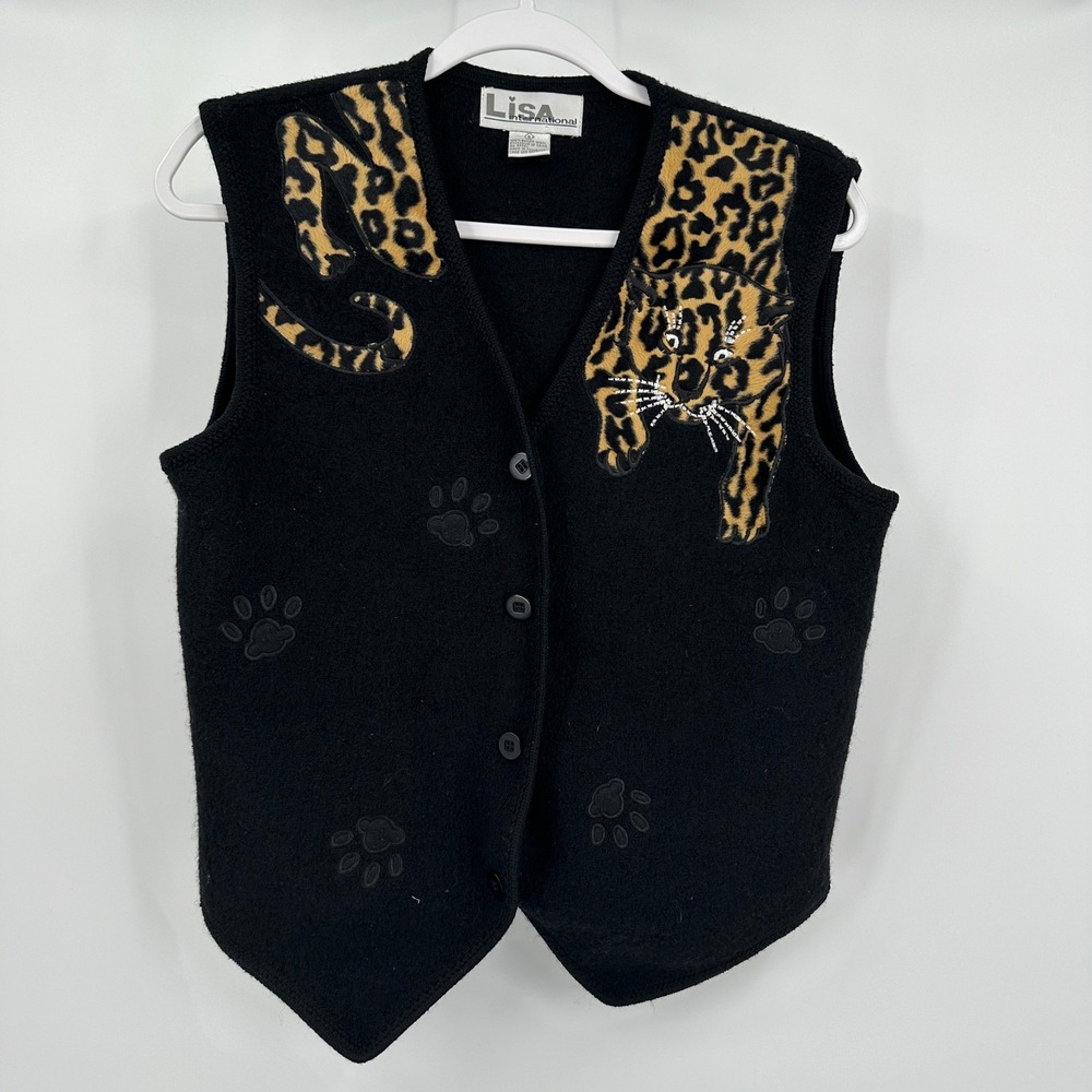 Womens Whimsigoth Leopard Cat Vest Size S‎ Statement Animal Print Cottage Noir